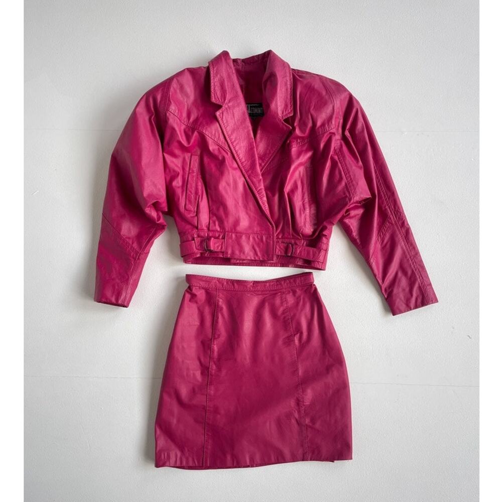 Vtg 80s 90s Hot Pink Leather Cropped Jacket + Skirt Set / COMINT / Sz S - 3/4